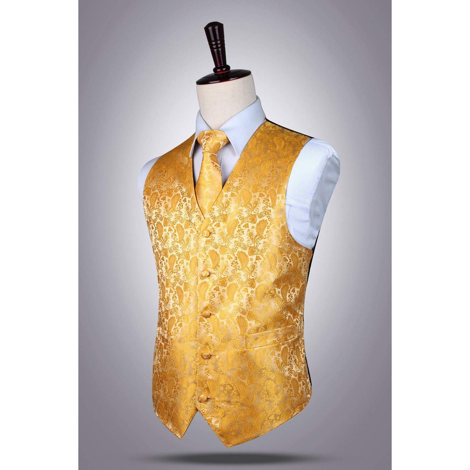 Men's Deep Yellow Paisley Vest Tie Set For Weddings Anniversary - Image 3