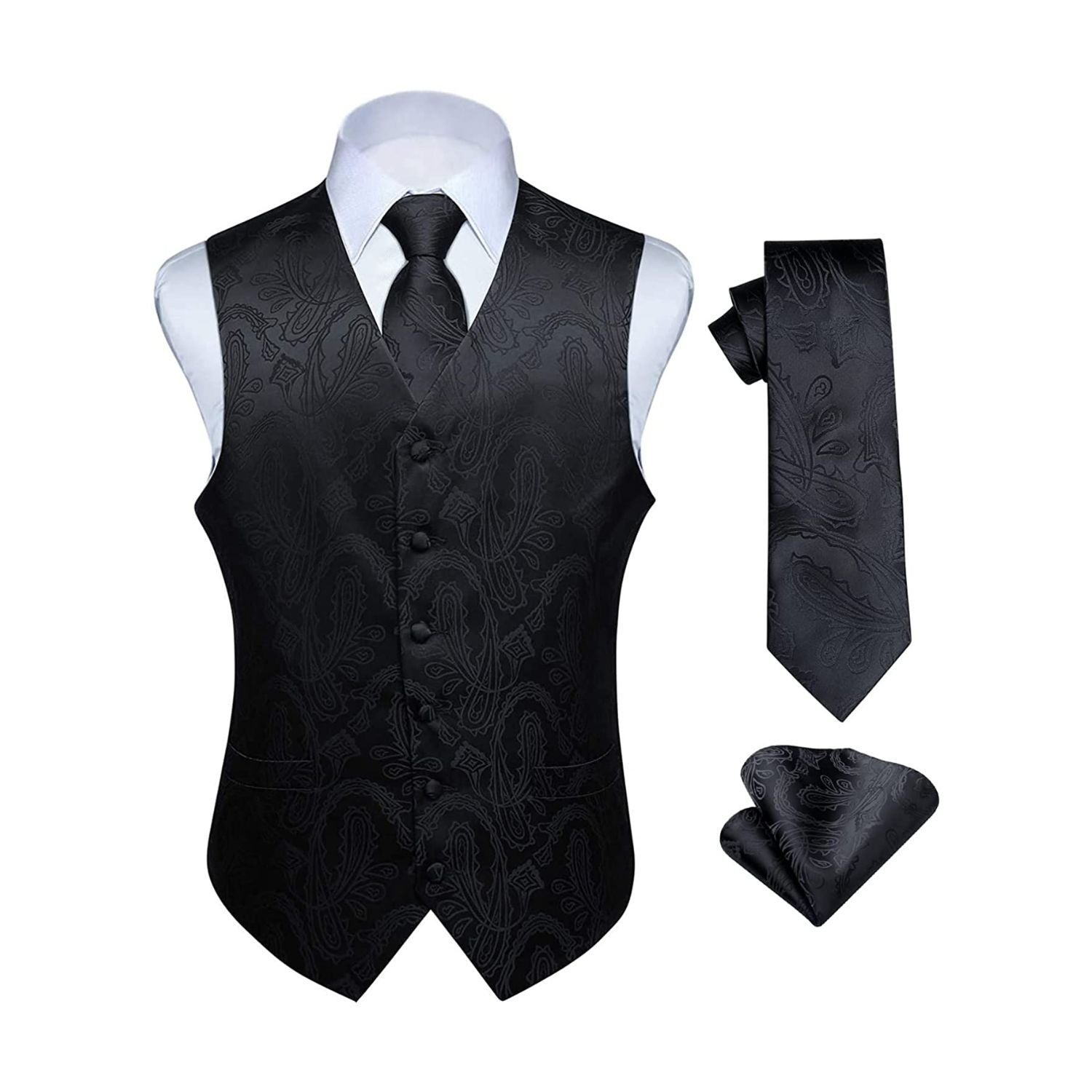 Men's Black Paisley Vest Tie Set For Weddings