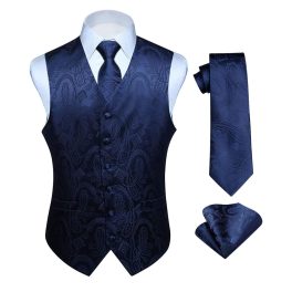 Navy Blue Paisley Suit Vest Tie Handkerchief Set For Wedding