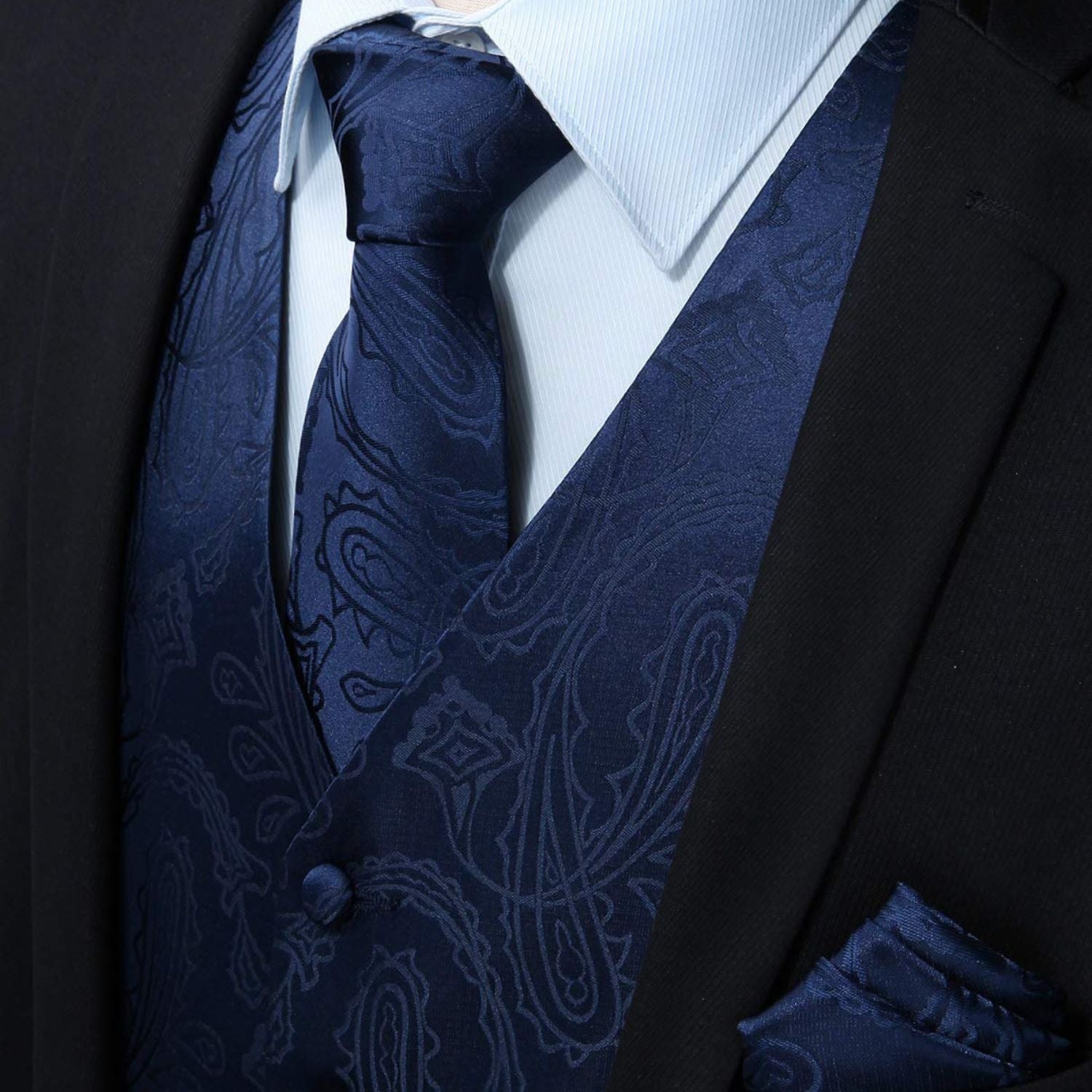 Navy Blue Paisley Suit Vest Tie Handkerchief Set For Wedding - Image 2