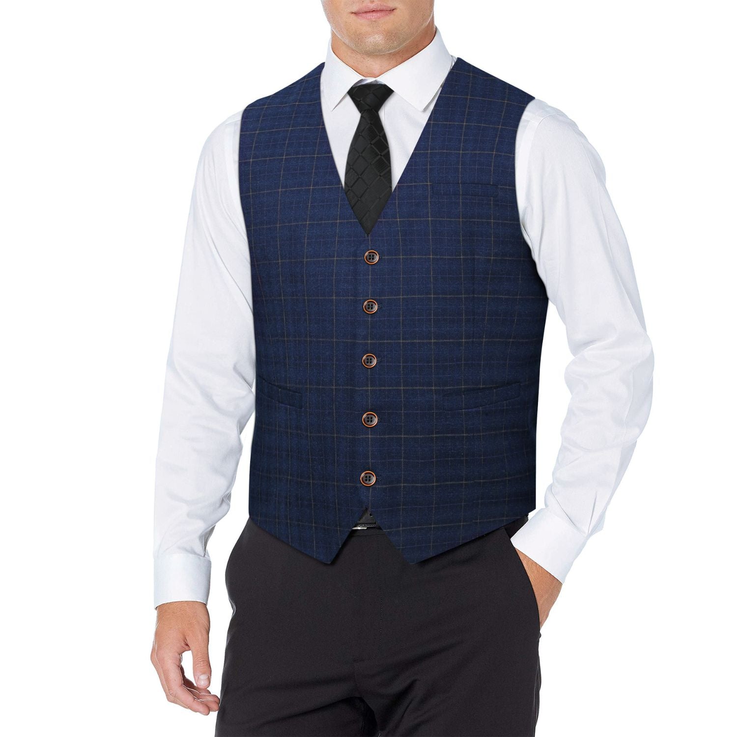 Men's Blue Plaid Slim Suit Vest Formal Wear - Image 2