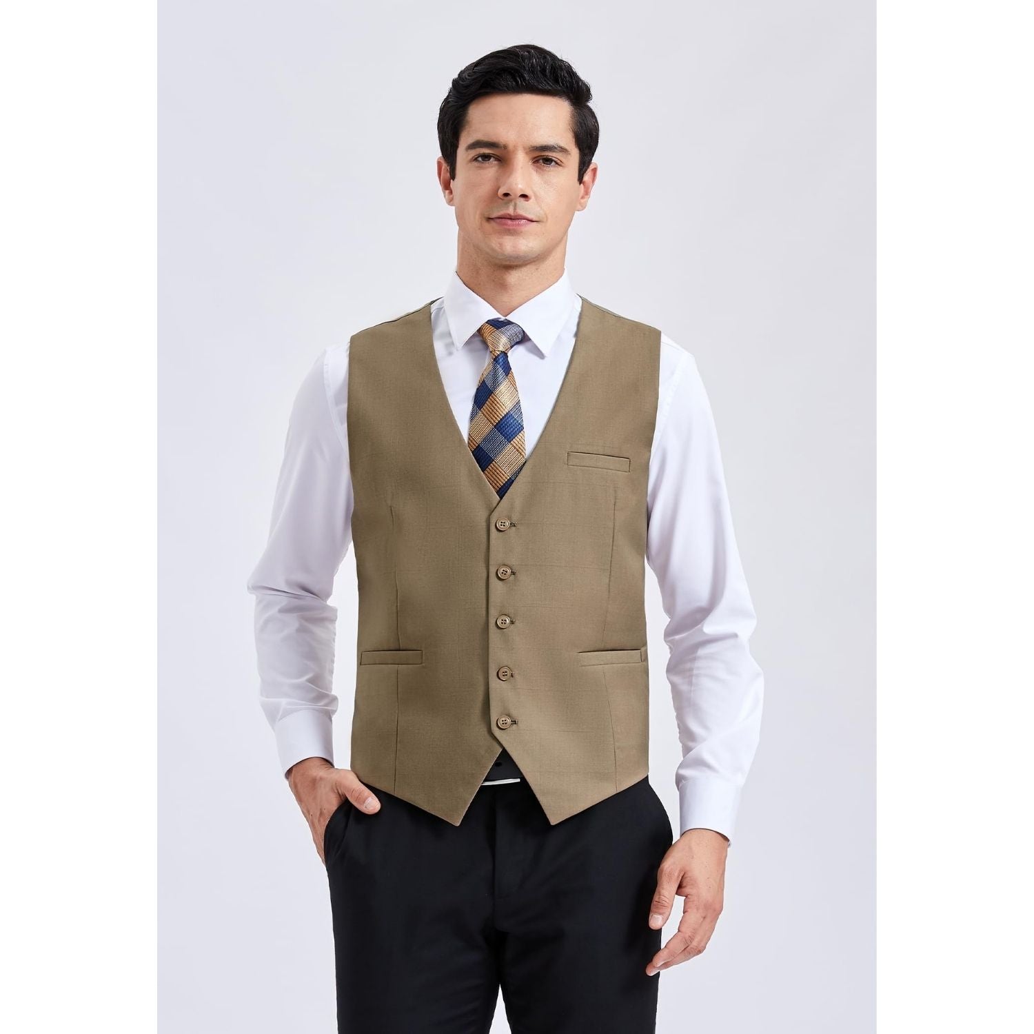 Men's Khaki Satin Suit Vest Formal Wear - Image 2