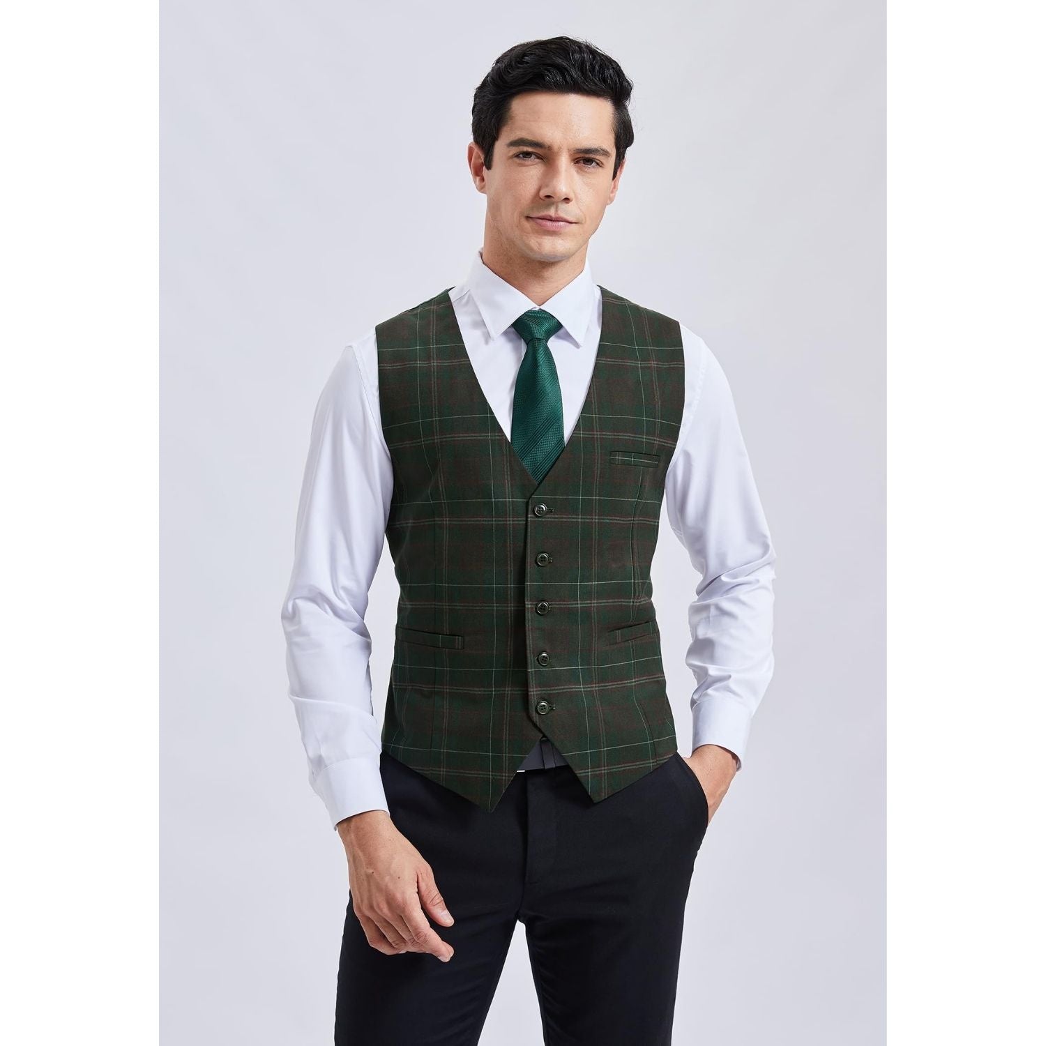 Men's Green Plaid Wedding Vest For Skinny Guys - Image 2
