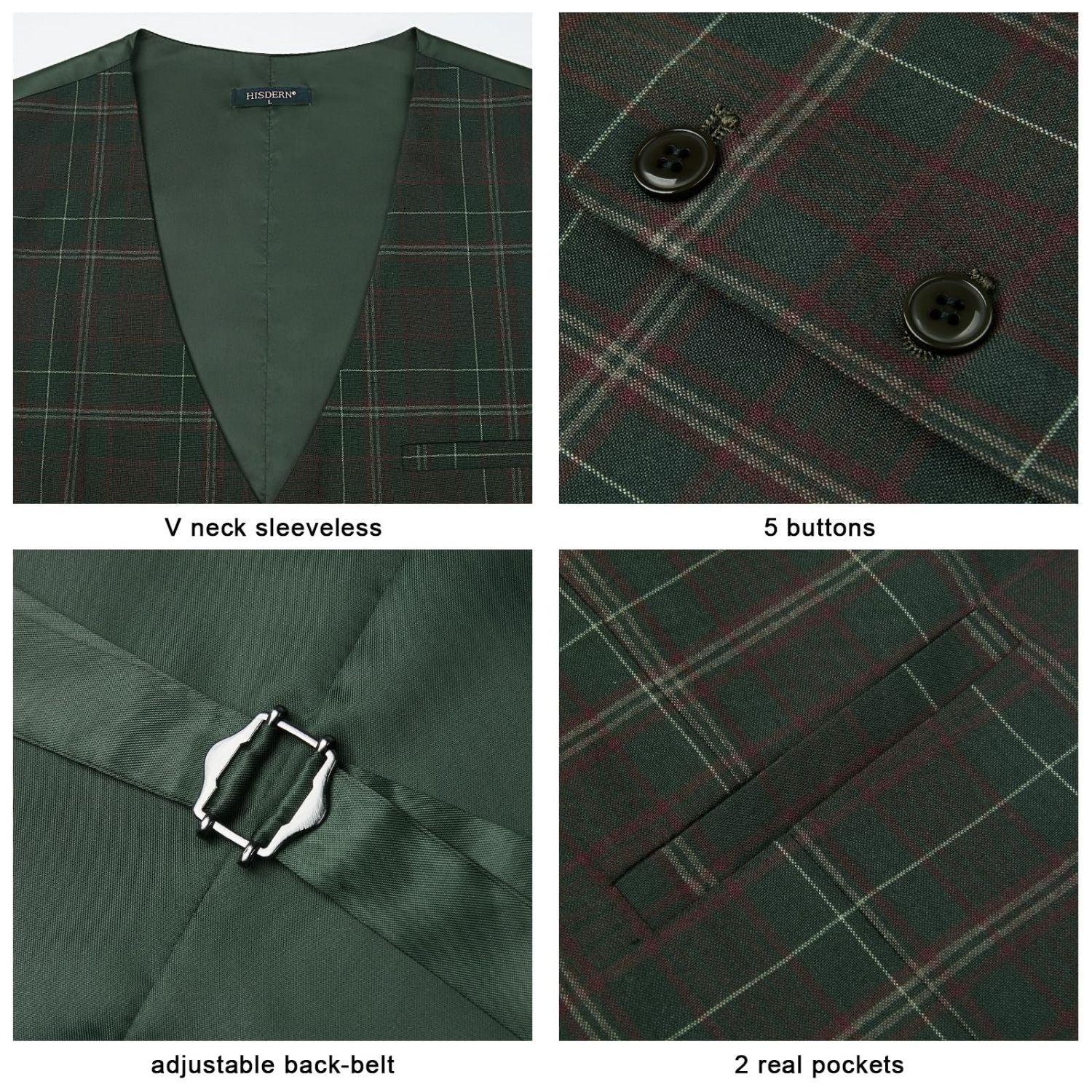 Men's Green Plaid Wedding Vest For Skinny Guys - Image 4