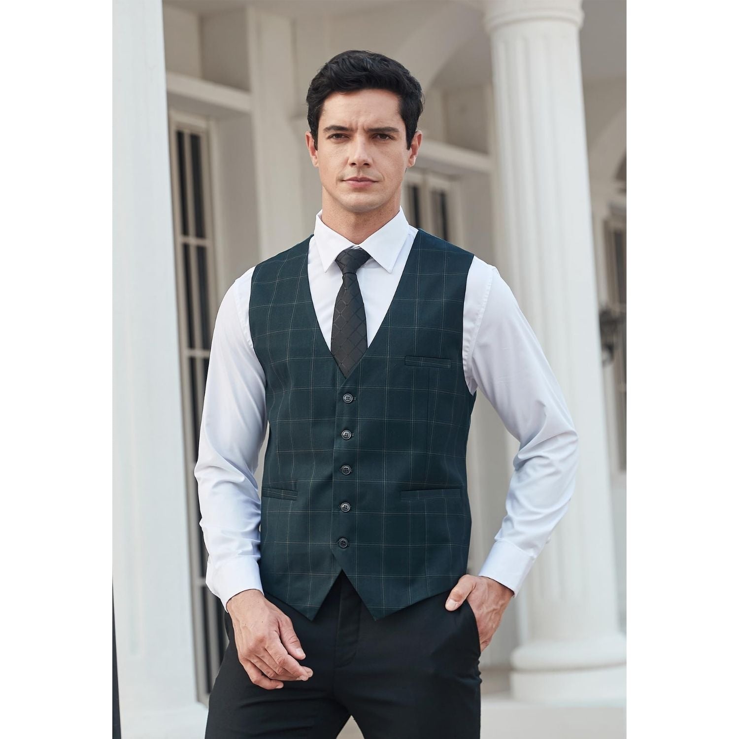 Men's Green Plaid Wedding Vest For Skinny Guys - Image 2