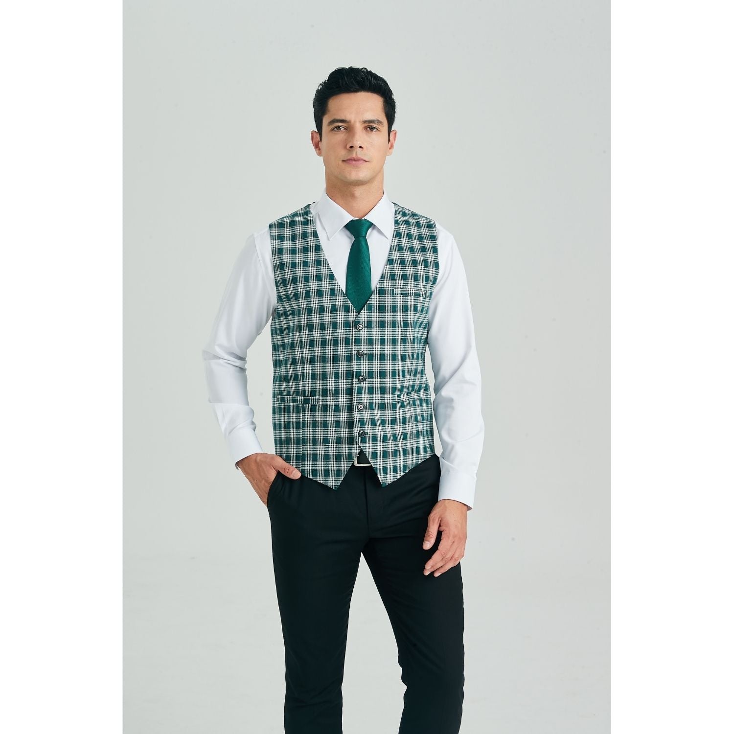 Men's Green Plaid Wedding Vest For Skinny Guys - Image 2