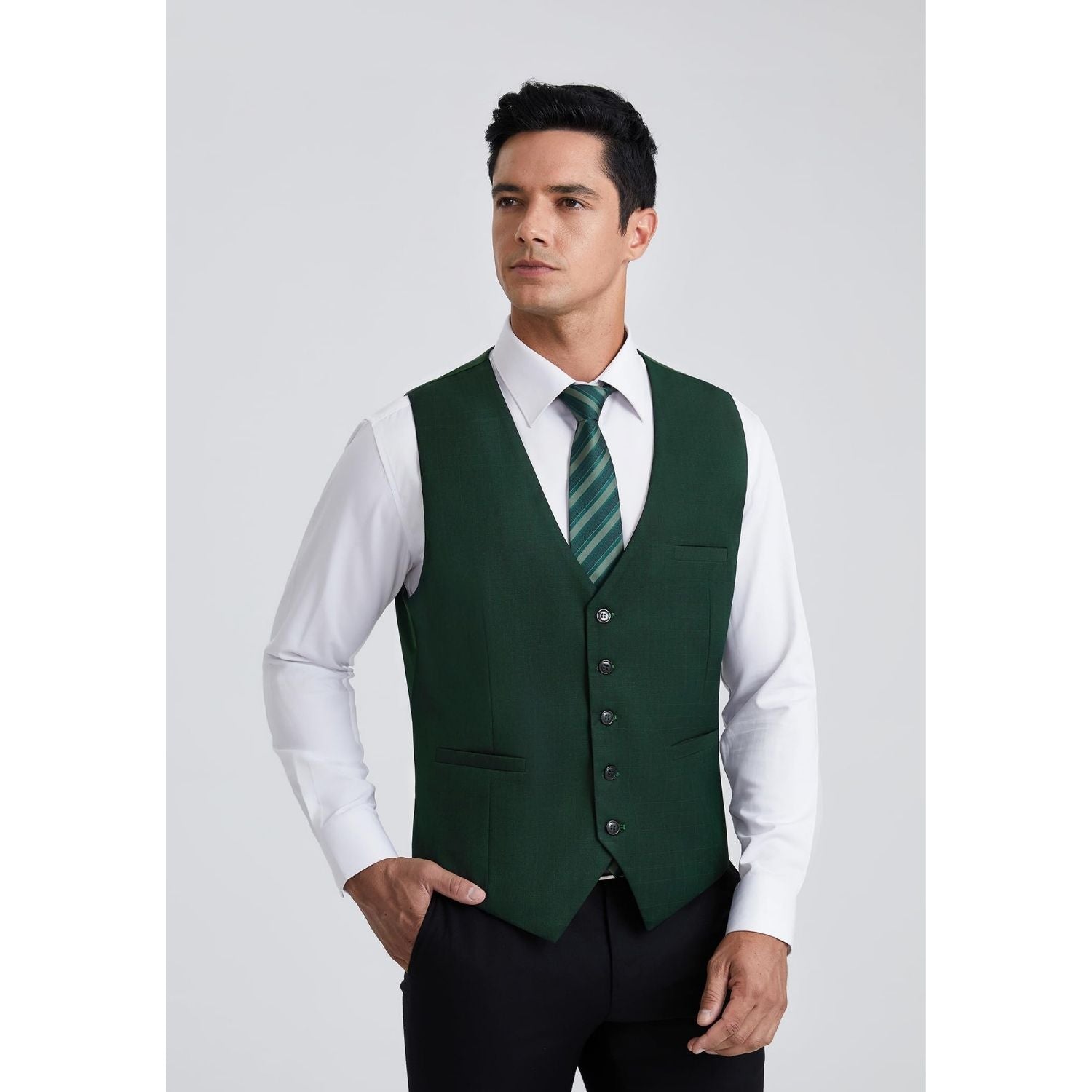 Men's Dark Green Plaid Wedding Vest For Skinny Guys - Image 2