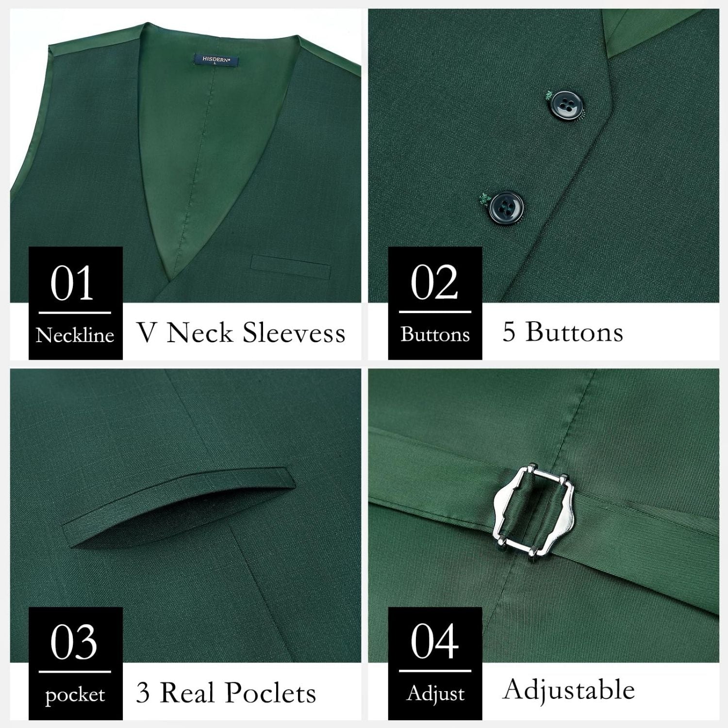 Men's Dark Green Plaid Wedding Vest For Skinny Guys - Image 4