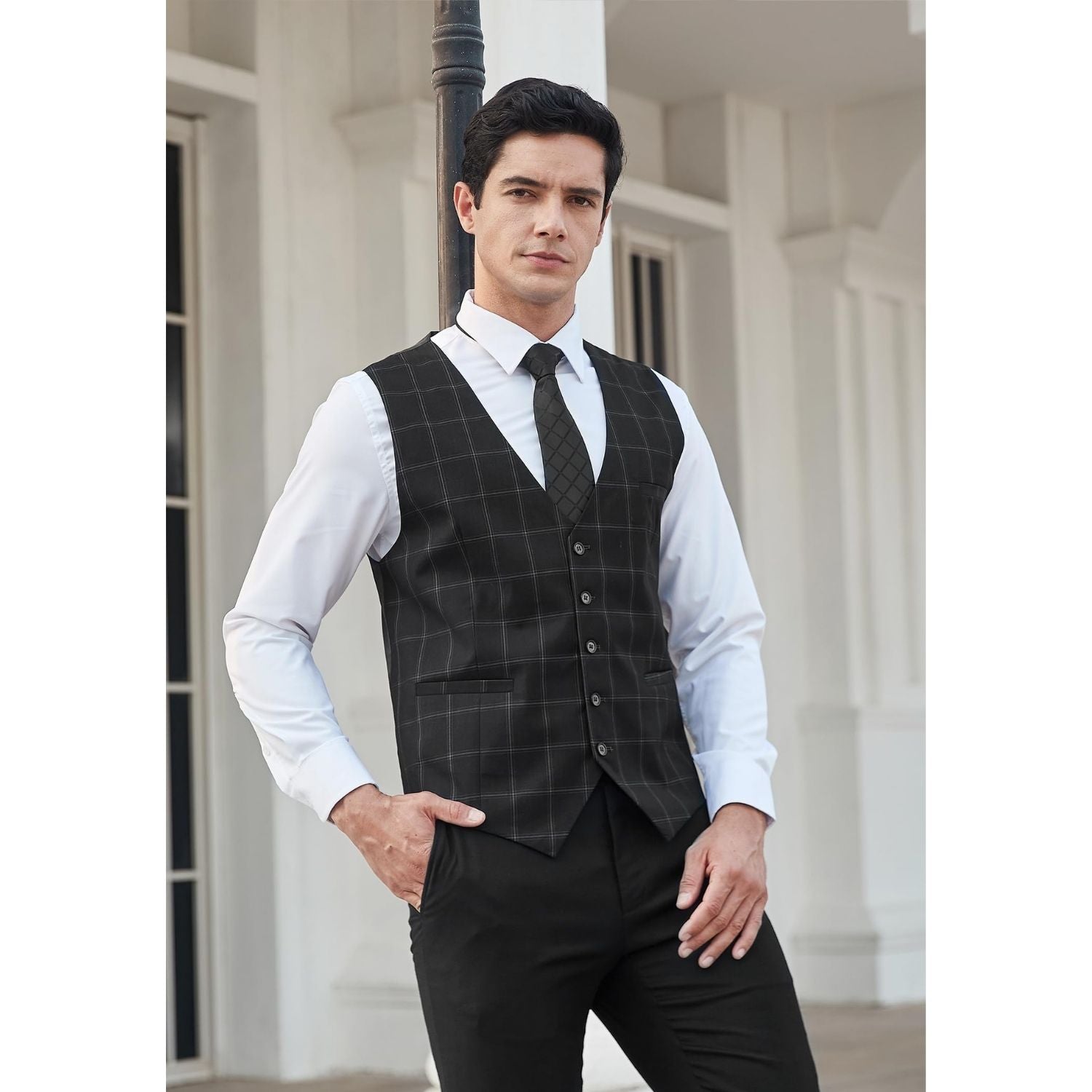 Men's Black Plaid Wedding Vest For Skinny Guys - Image 2