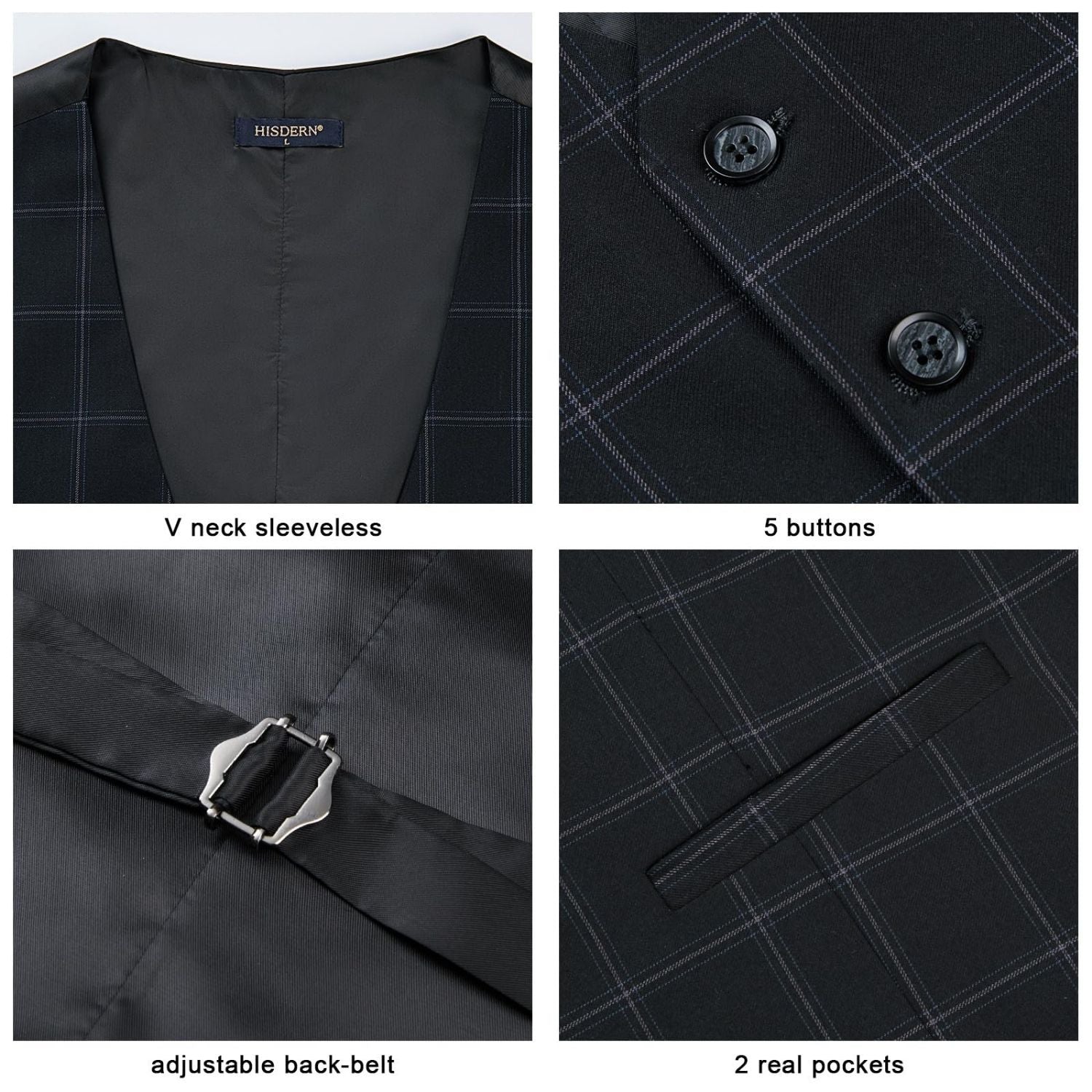 Men's Black Plaid Wedding Vest For Skinny Guys - Image 4