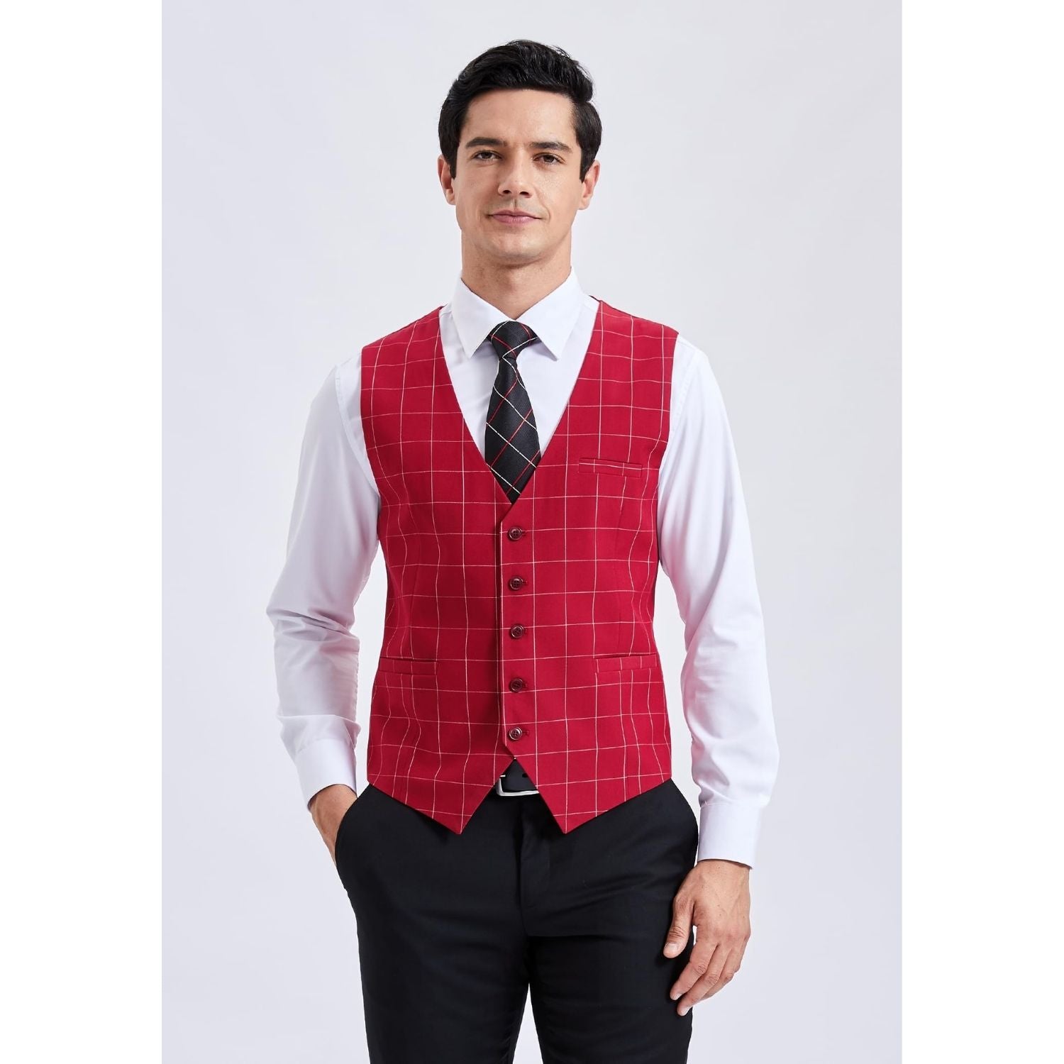 Men's Red Plaid Wedding Vest For Skinny Guys - Image 2
