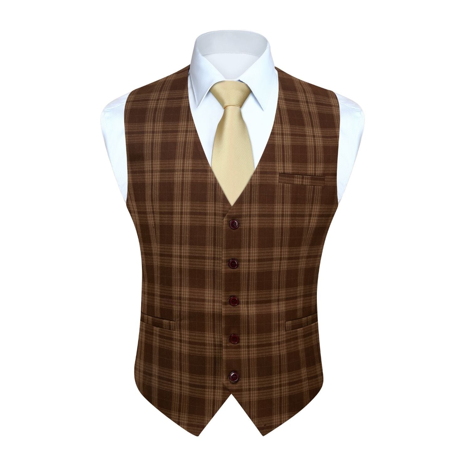 Men's Brown Plaid Wedding Vest For Skinny Guys