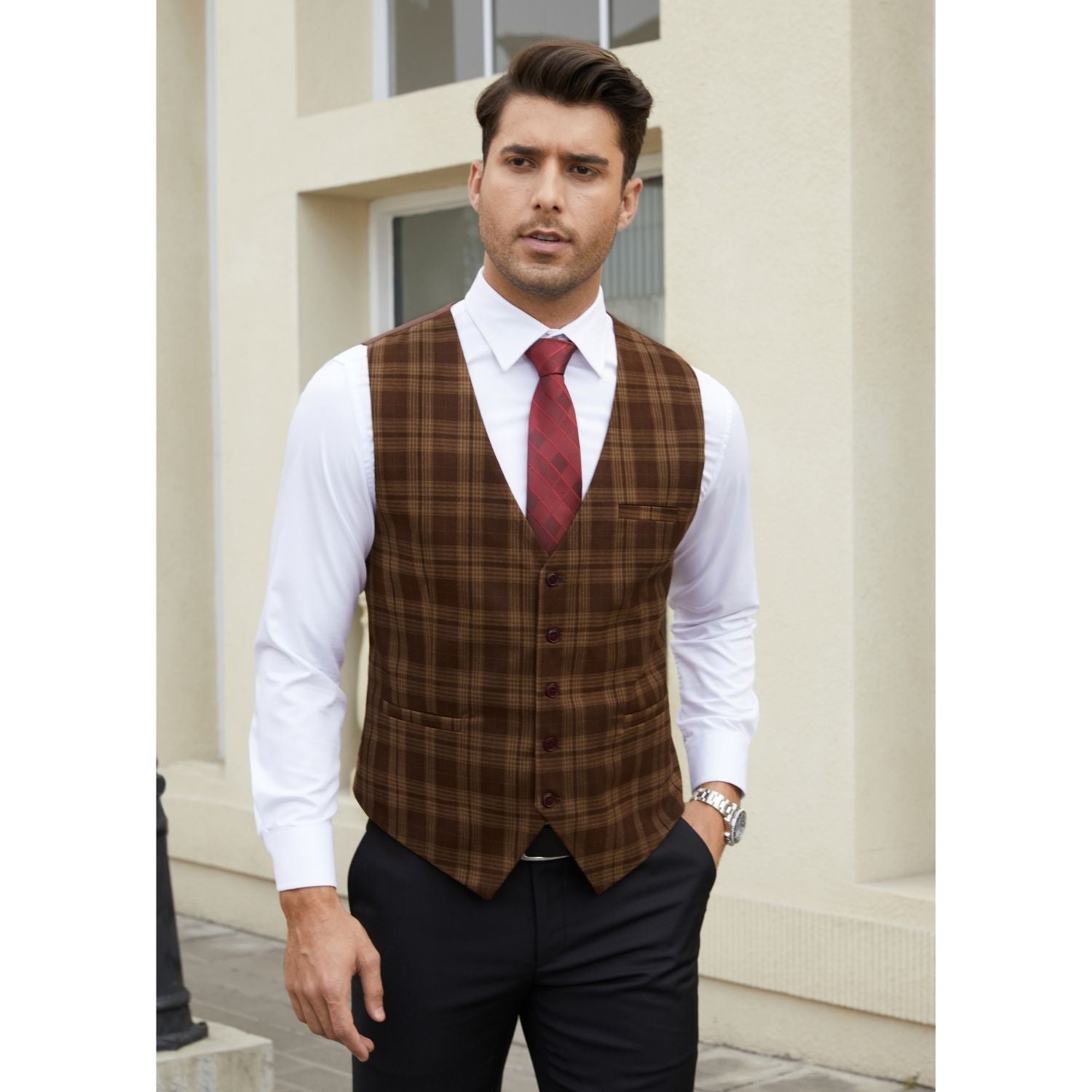Men's Brown Plaid Wedding Vest For Skinny Guys - Image 2