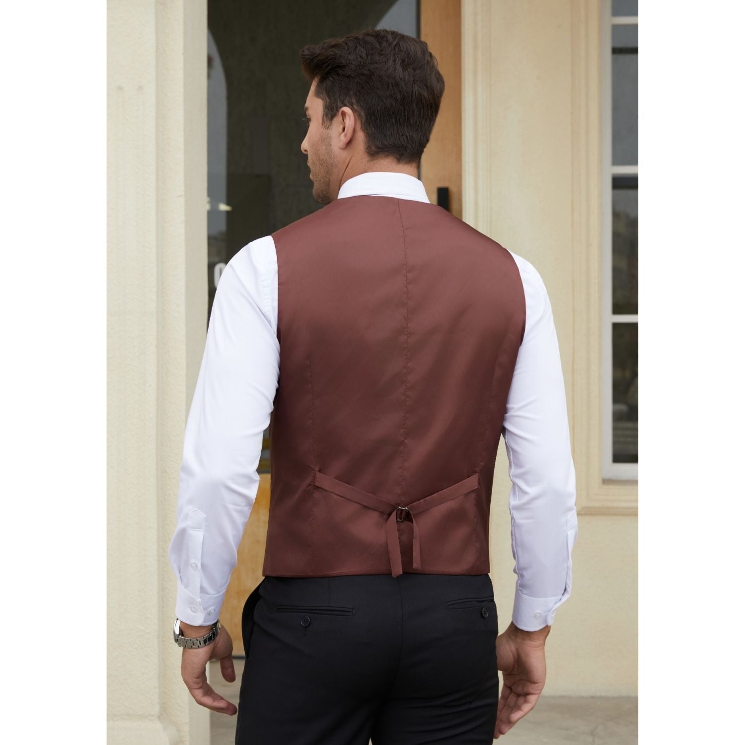 Men's Brown Plaid Wedding Vest For Skinny Guys - Image 3