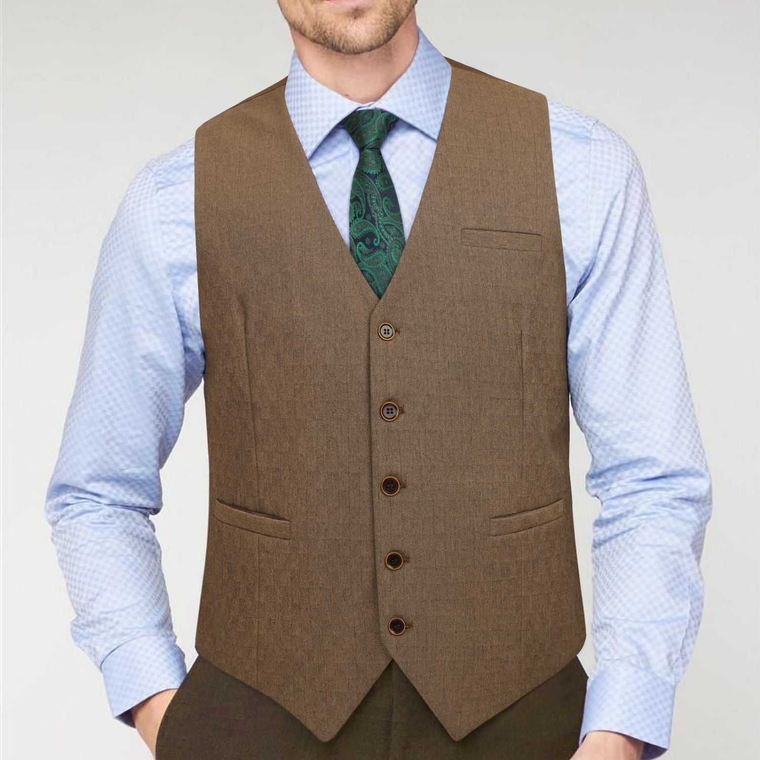 Men's Khaki Solid Wedding Vest For Skinny Guys - Image 3