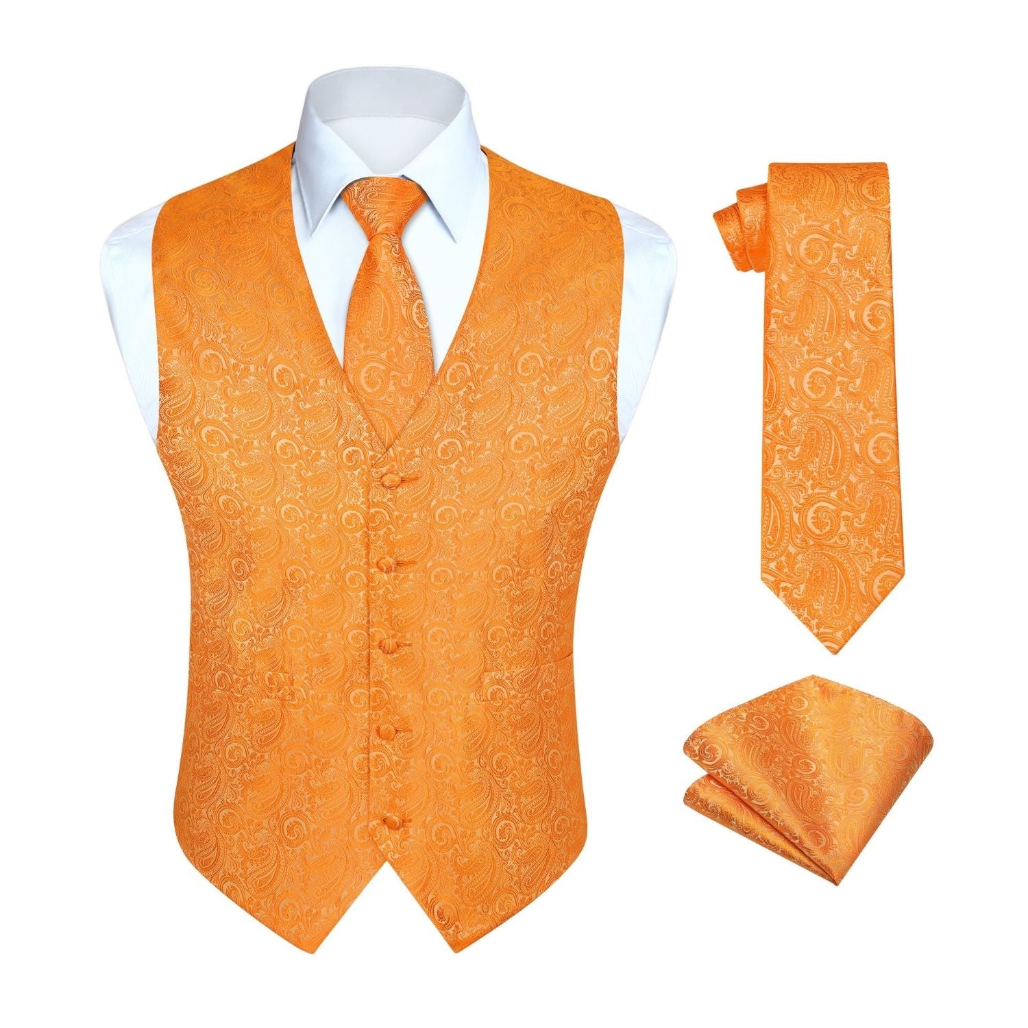 Men's Orange Paisley Vest Tie Set For Weddings Anniversary