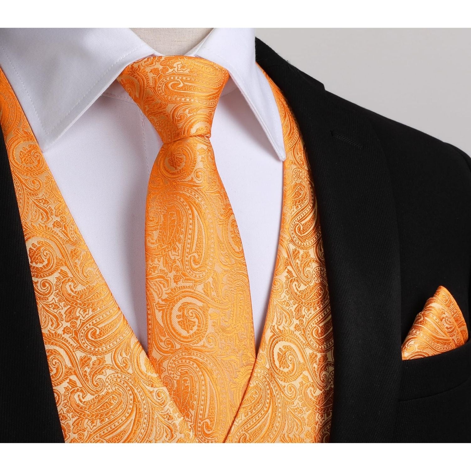 Men's Orange Paisley Vest Tie Set For Weddings Anniversary - Image 4
