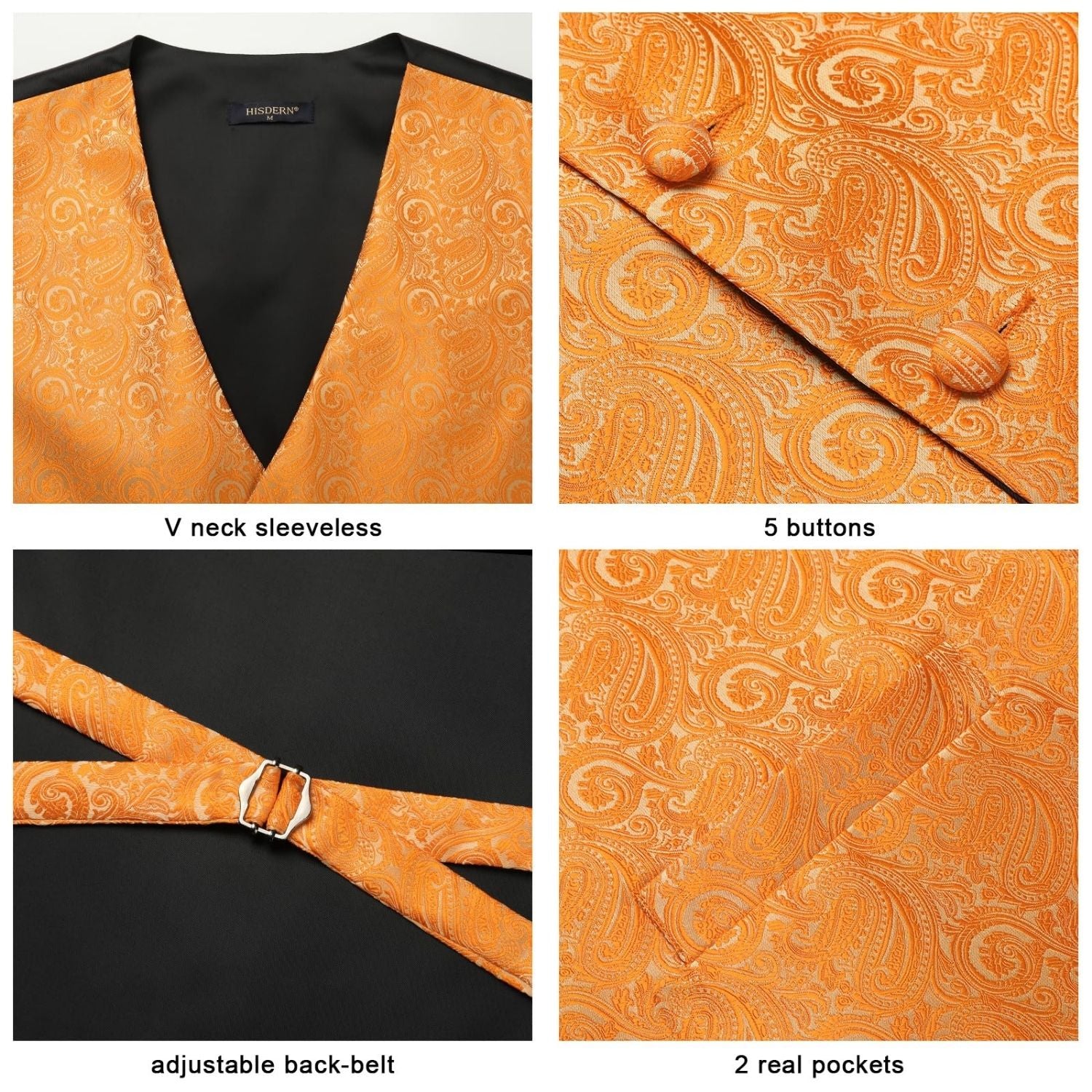 Men's Orange Paisley Vest Tie Set For Weddings Anniversary - Image 2