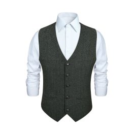 Men's Herringbone Tweed Vest Dark Grey Casual Winter Layering