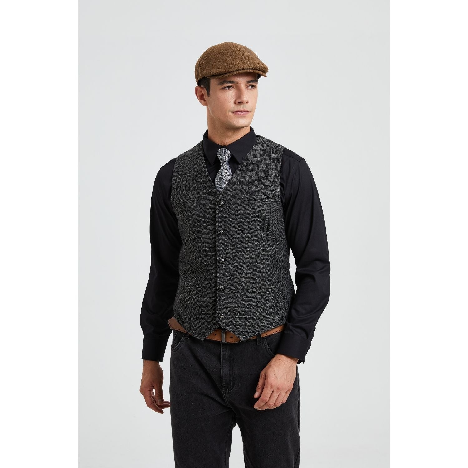 Men's Herringbone Tweed Vest Dark Grey Casual Winter Layering - Image 2