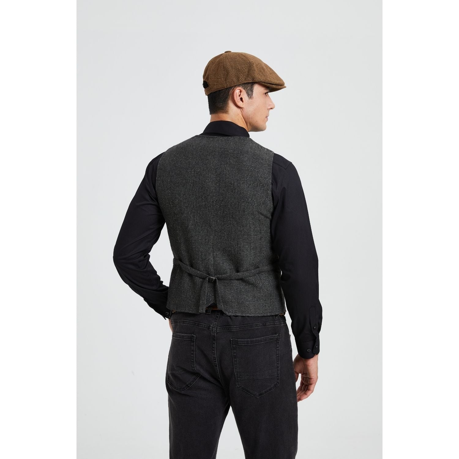 Men's Herringbone Tweed Vest Dark Grey Casual Winter Layering - Image 3