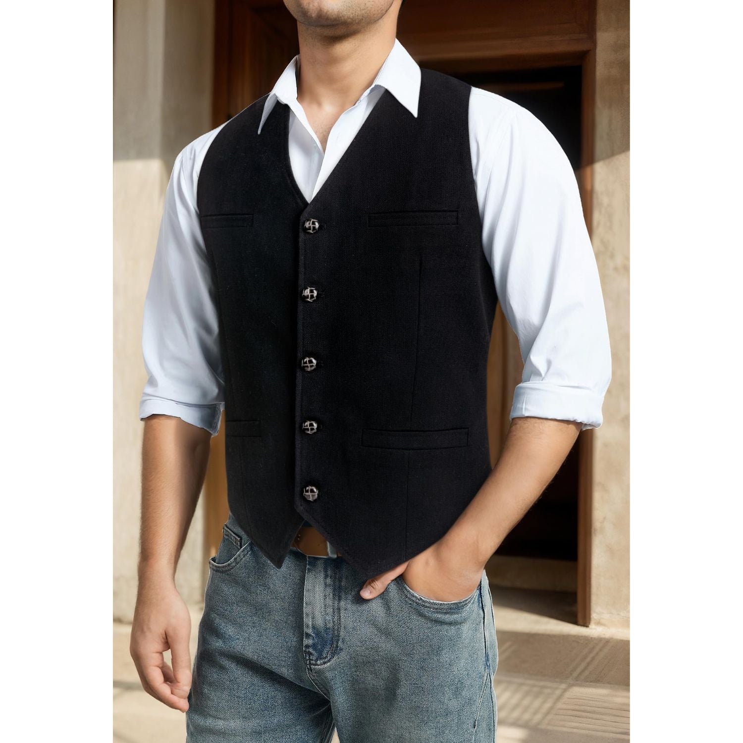 Men's Herringbone Tweed Wool Vest Black For Party Suit Vest - Image 2