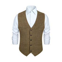 Men's Herringbone Tweed Vest Brown Casual Winter Layering