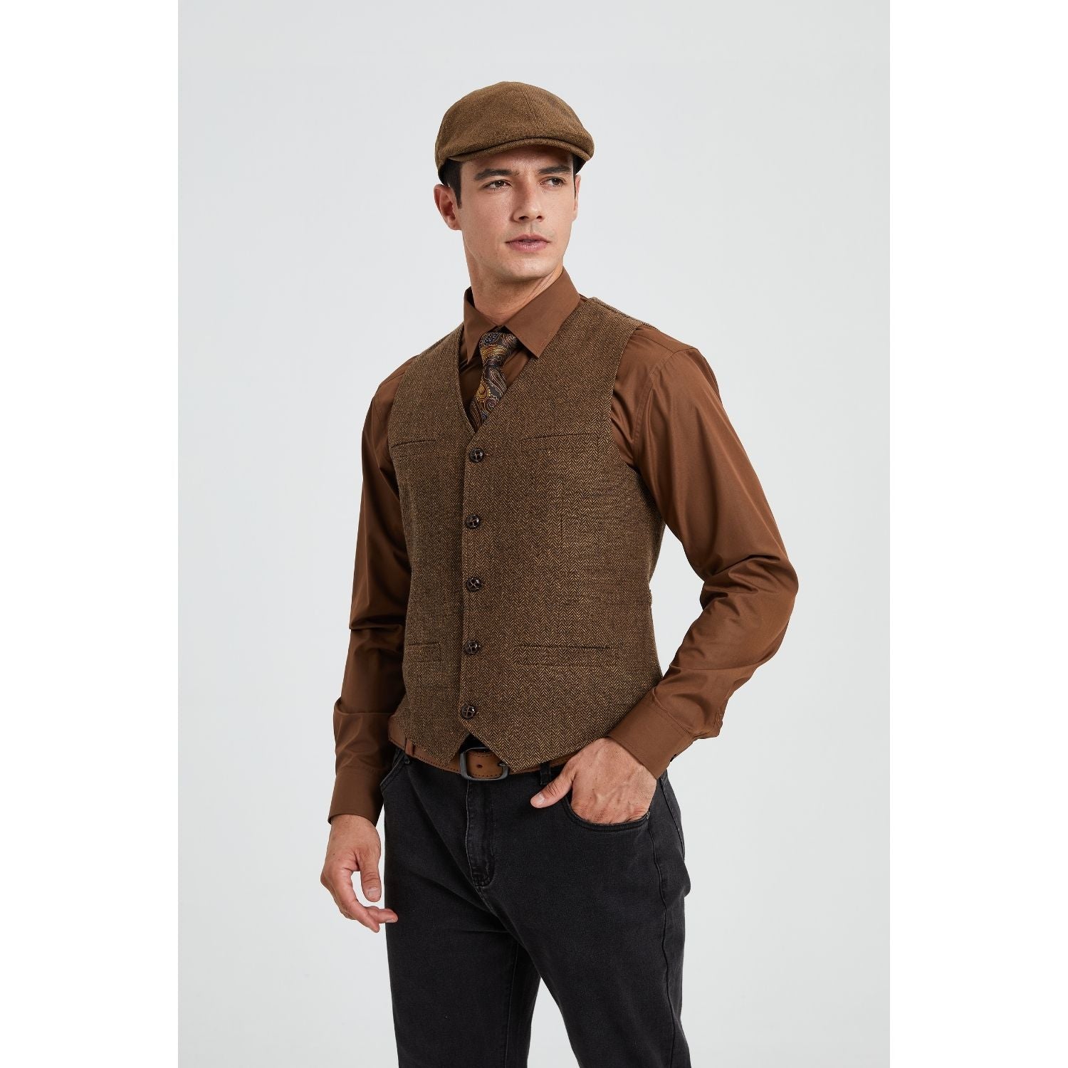 Men's Herringbone Tweed Vest Brown Casual Winter Layering - Image 2