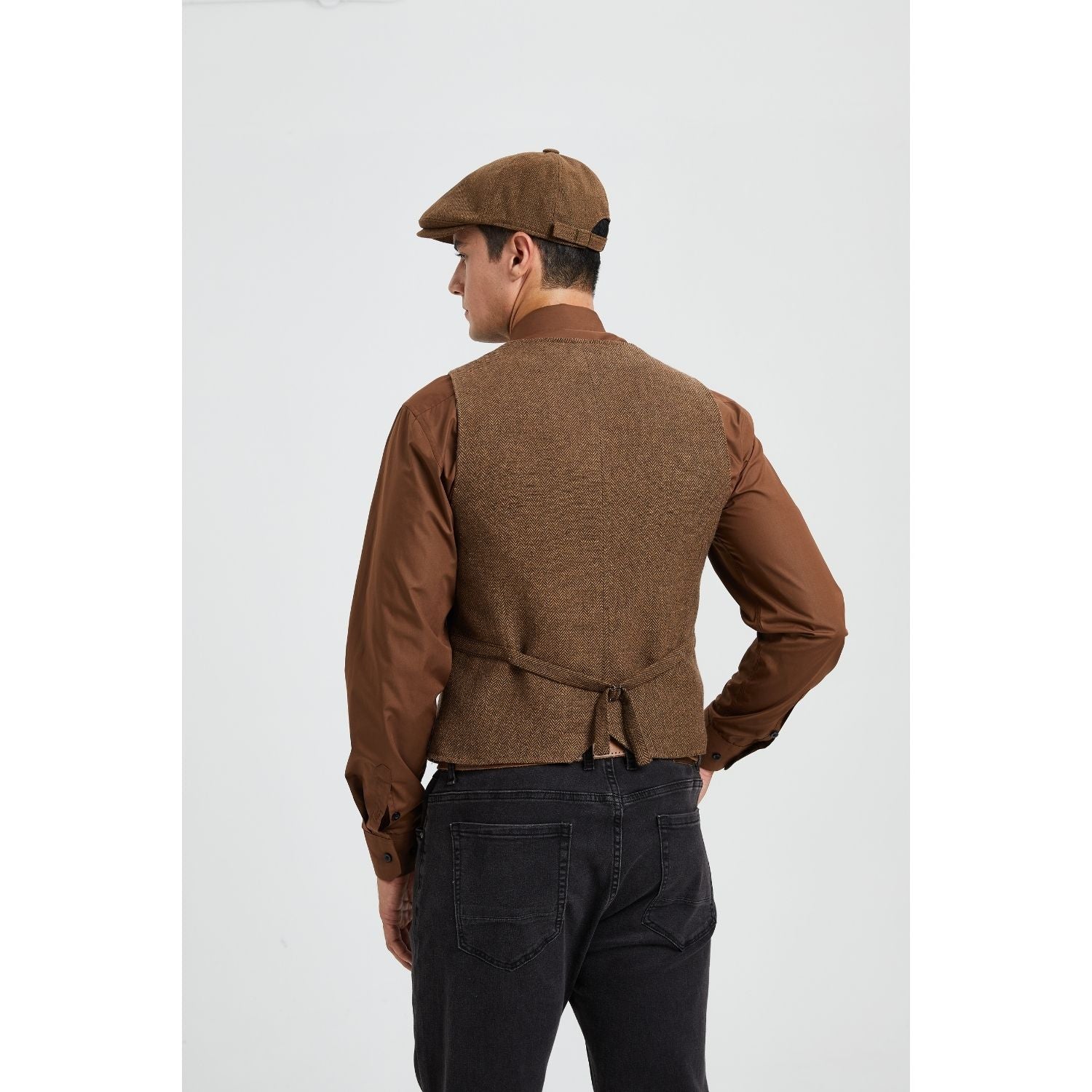 Men's Herringbone Tweed Vest Brown Casual Winter Layering - Image 3
