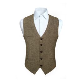 Men's Herringbone Tweed Wool Vest Brown For Party Suit Vest