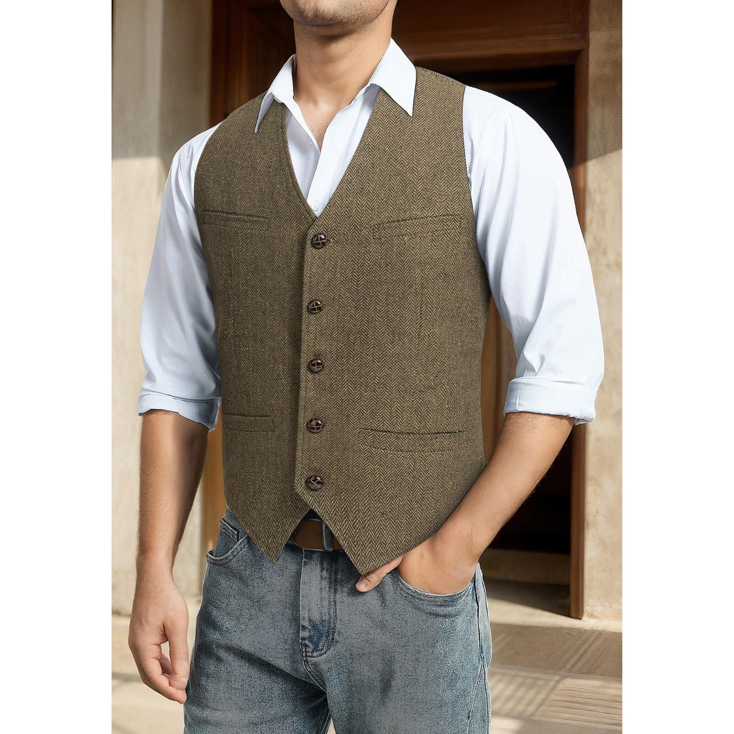 Men's Herringbone Tweed Wool Vest Brown For Party Suit Vest - Image 2