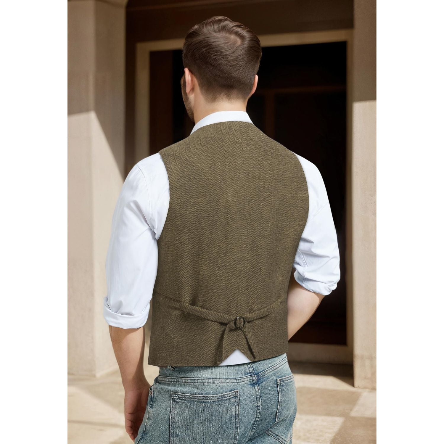 Men's Herringbone Tweed Wool Vest Brown For Party Suit Vest - Image 3