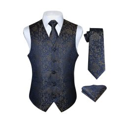 Men's Navy Blue Brown Paisley Vest Tie Set For Weddings Anniversary