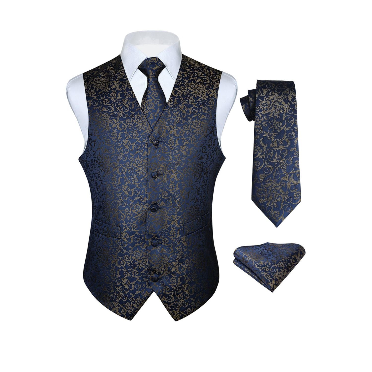 Men's Navy Blue Brown Paisley Vest Tie Set For Weddings Anniversary
