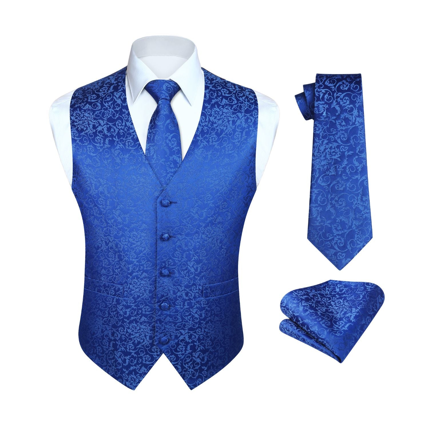 Men's Royal Blue Floral Vest Tie Set For Weddings