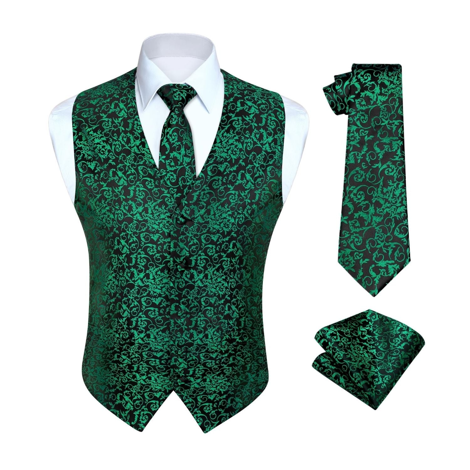 Men's Green Floral Vest Tie Set For Weddings