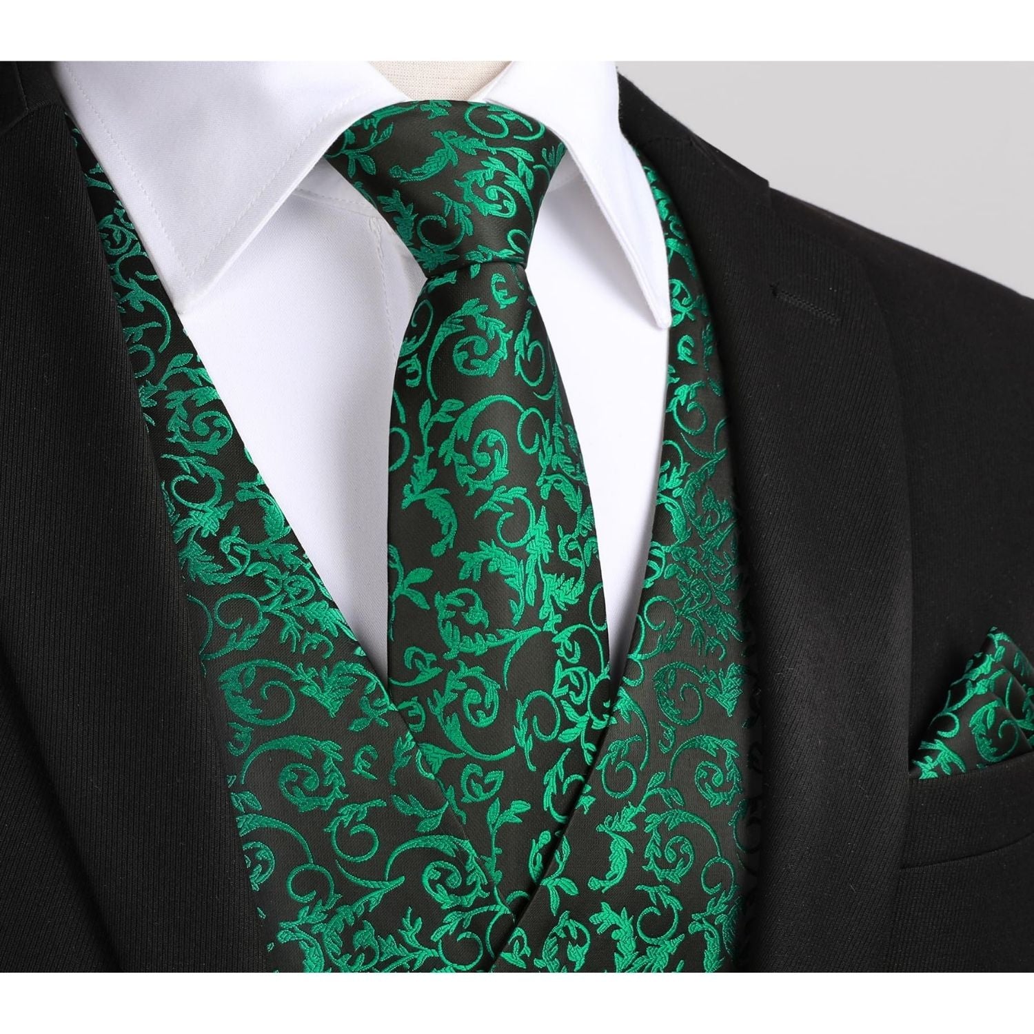 Men's Green Floral Vest Tie Set For Weddings - Image 2