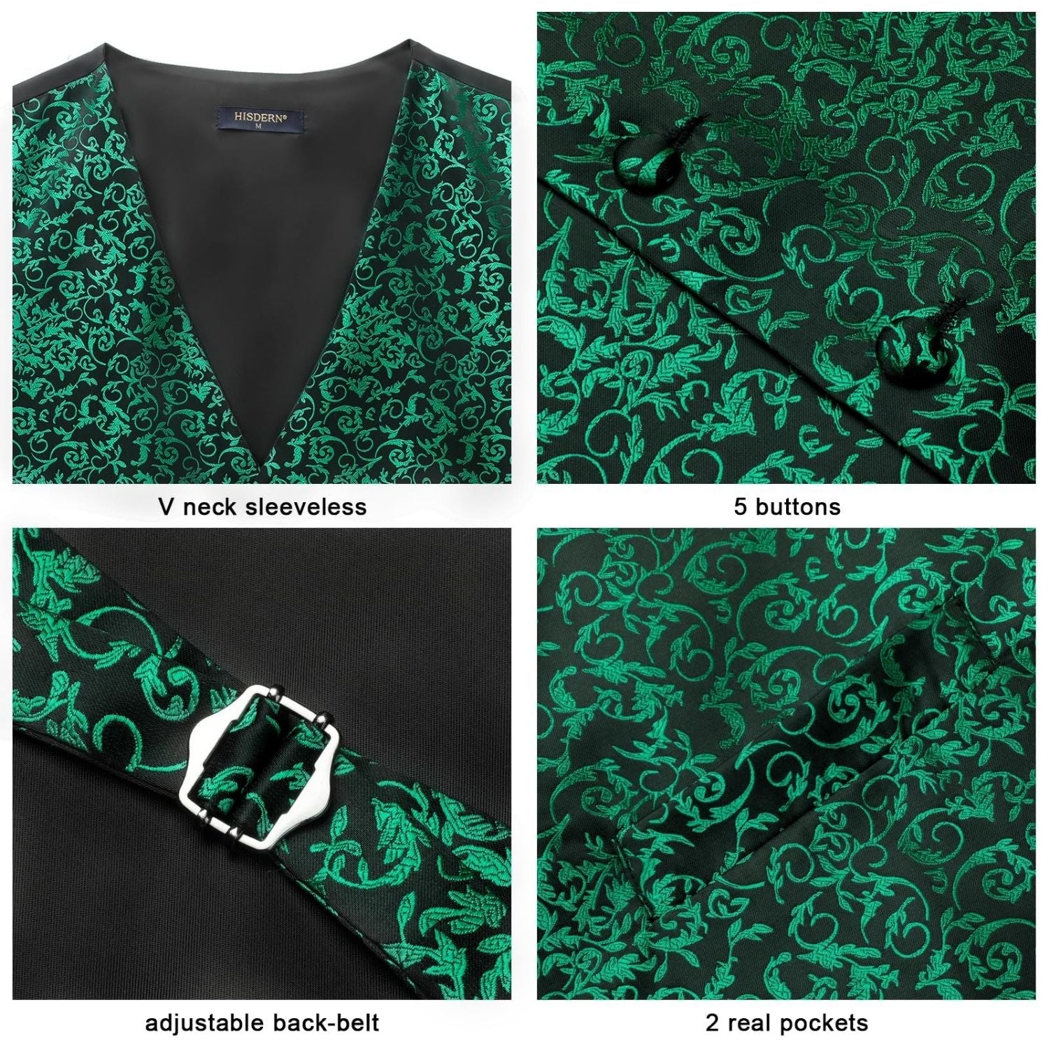 Men's Green Floral Vest Tie Set For Weddings - Image 3