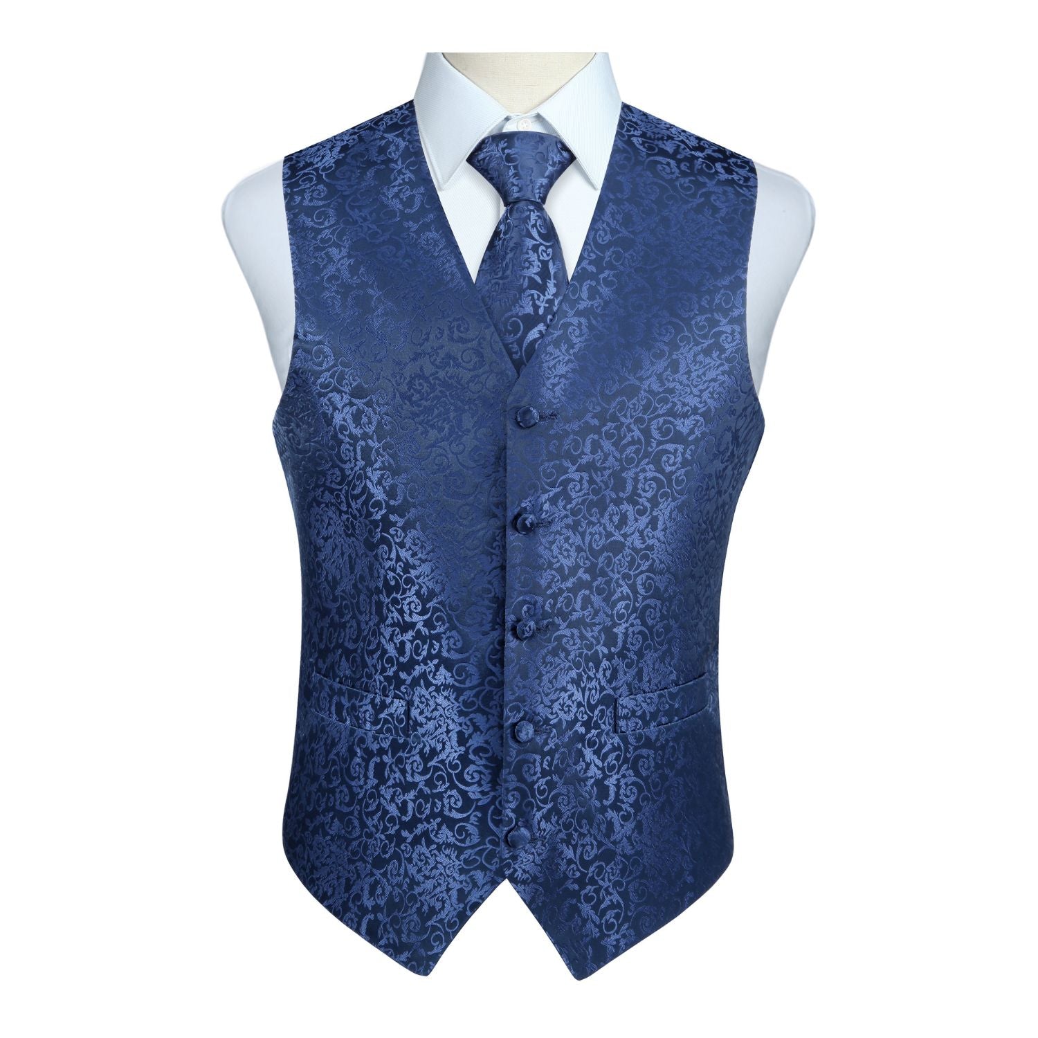 Navy Blue Paisley Silk-Lined Dress Vest Tie Set For Weddings - Image 3