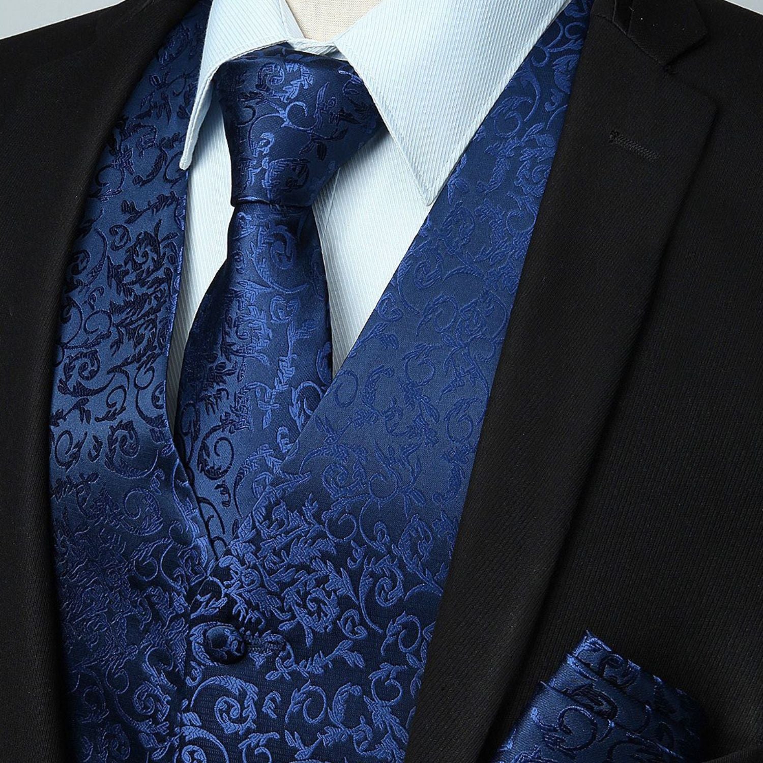 Navy Blue Paisley Silk-Lined Dress Vest Tie Set For Weddings - Image 2