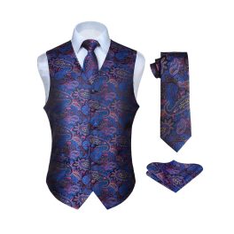 Men's Blue Pink Paisley Vest Tie Set For Weddings