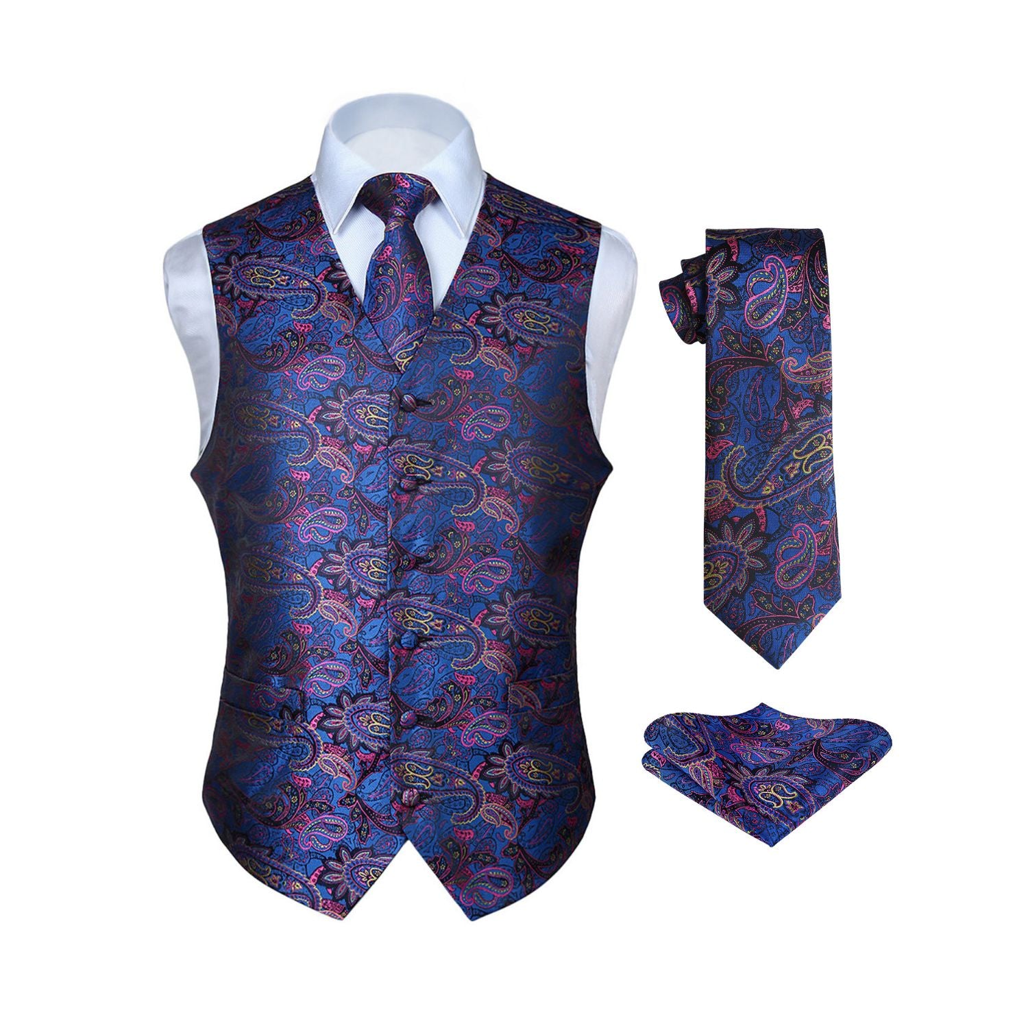 Men's Blue Pink Paisley Vest Tie Set For Weddings