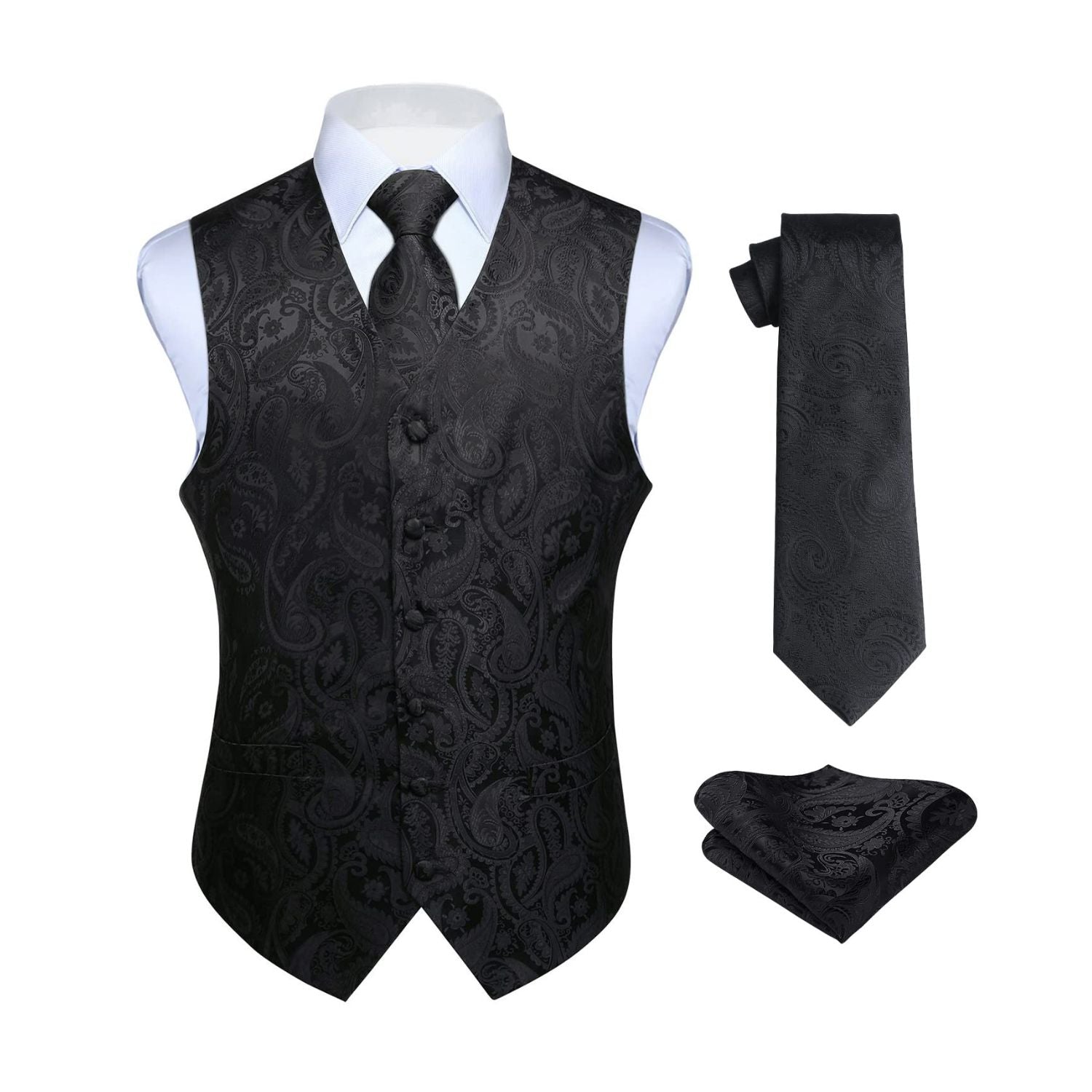 Men's Black Paisley Vest Tie Set For Weddings