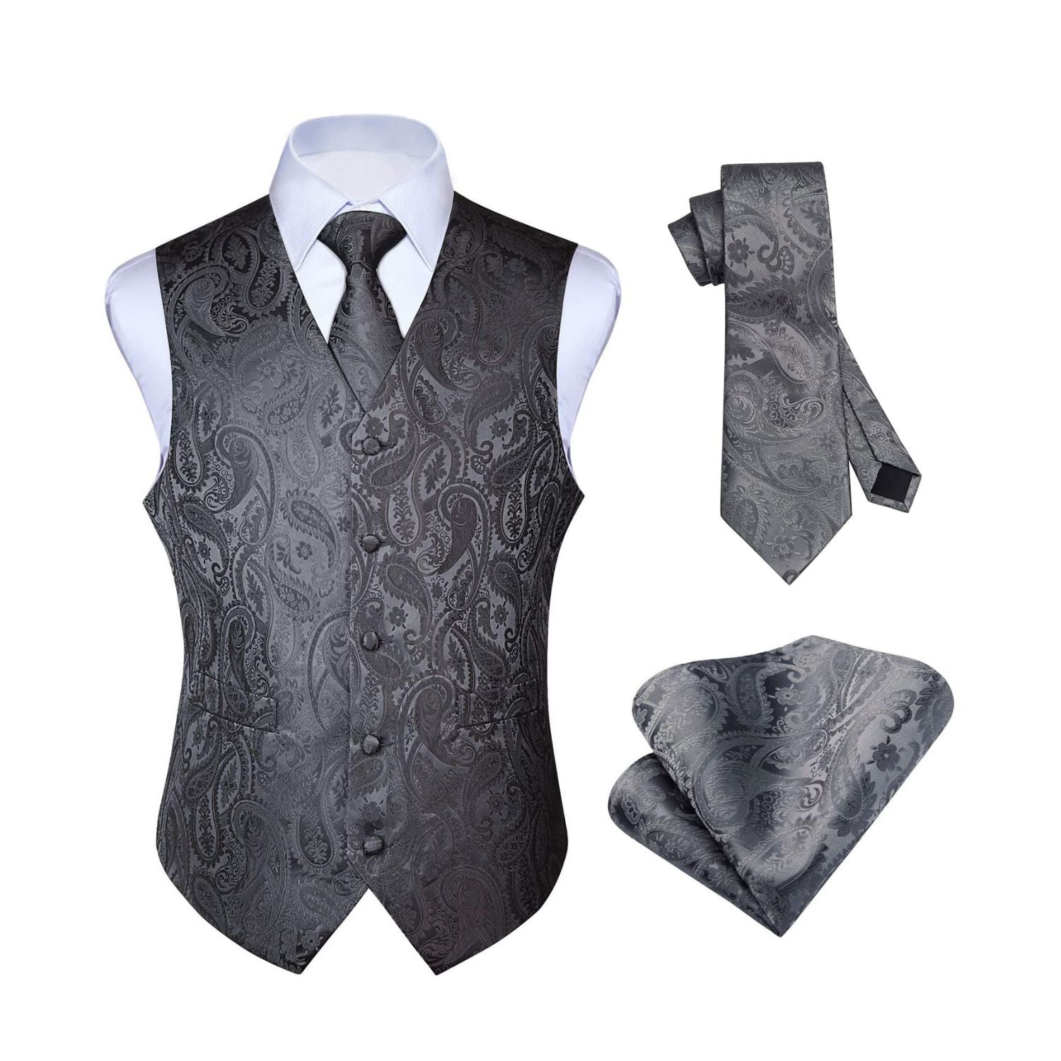 Men's Grey Paisley Vest Tie Set For Weddings Anniversary