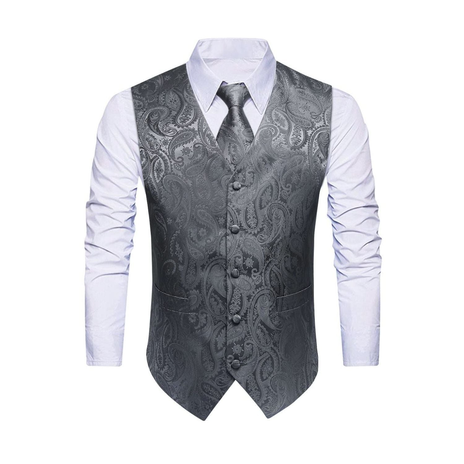 Men's Grey Paisley Vest Tie Set For Weddings Anniversary - Image 3