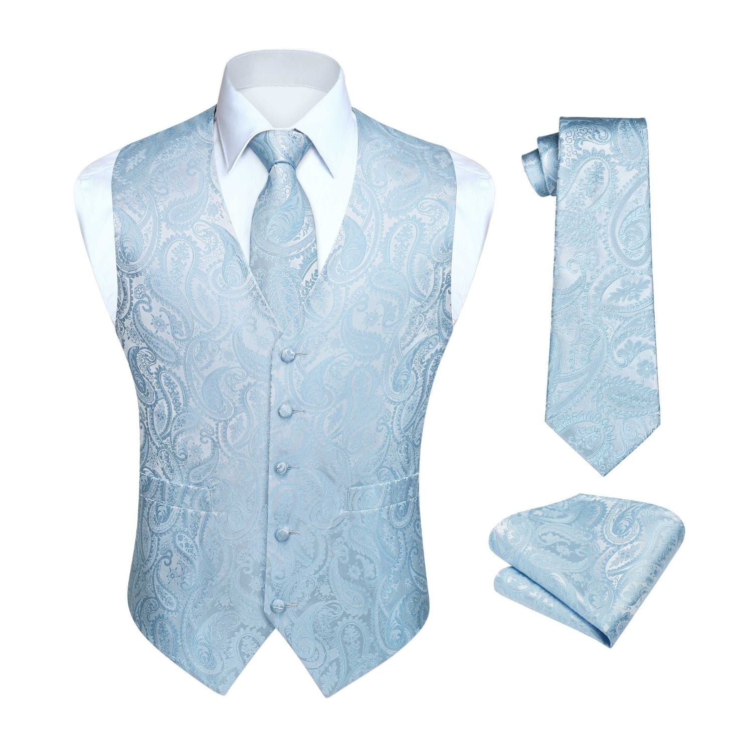 Men's Blue Paisley Vest Tie Set For Weddings