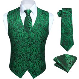 Men's Green Paisley Suit Vest Tie Set Formal Wear