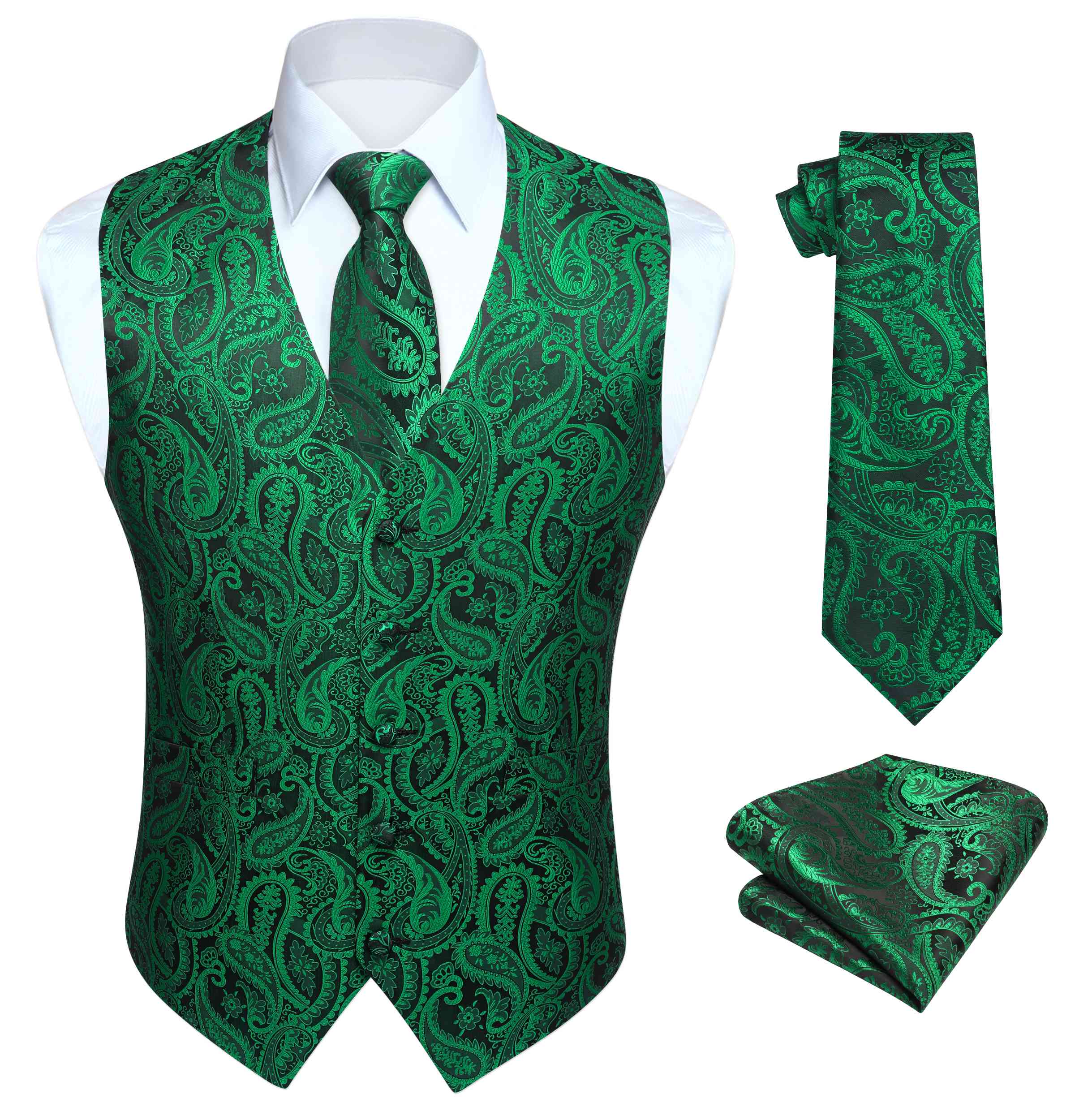 Men's Green Paisley Suit Vest Tie Set Formal Wear