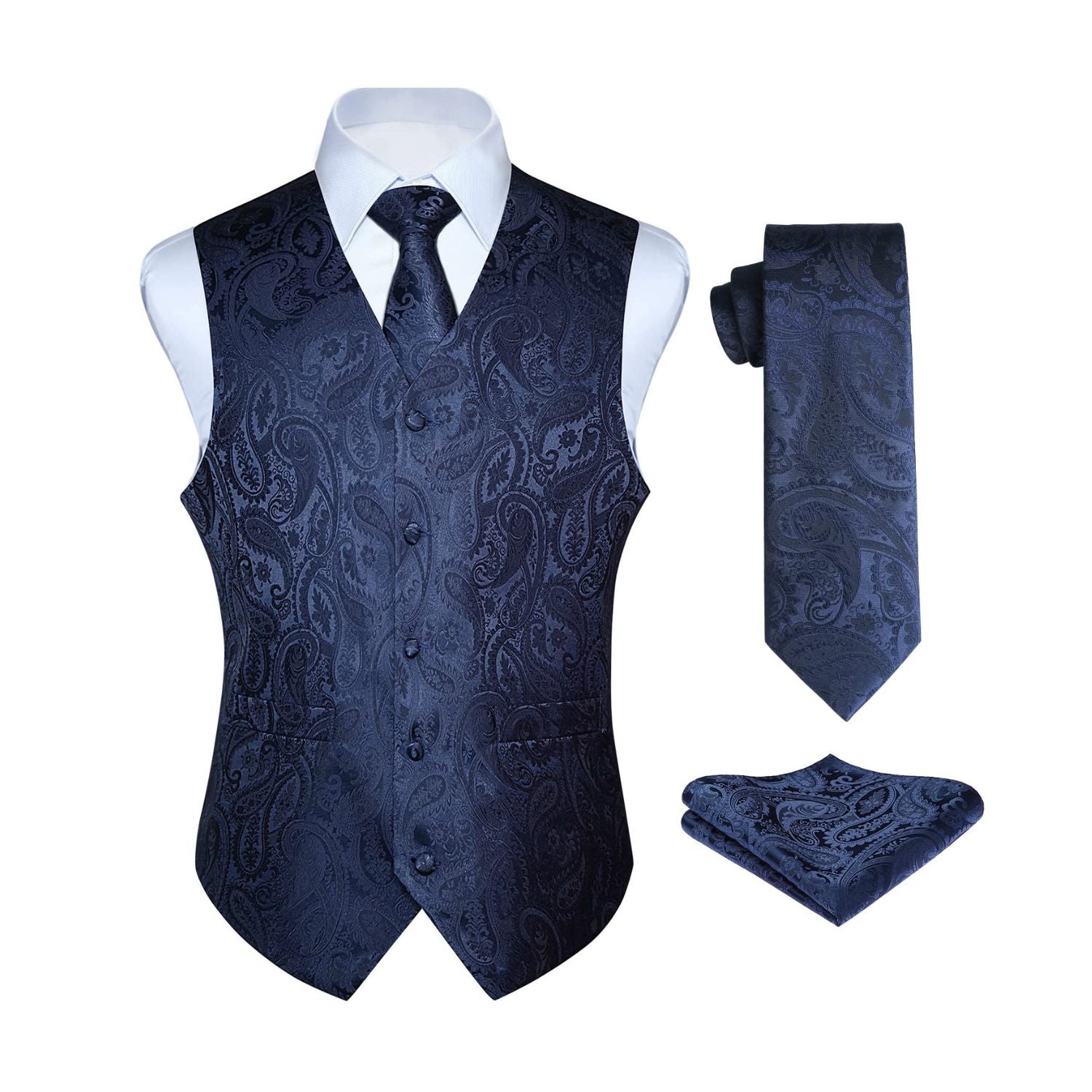 Men's Navy Blue Paisley Vest Tie Set For Weddings Anniversary