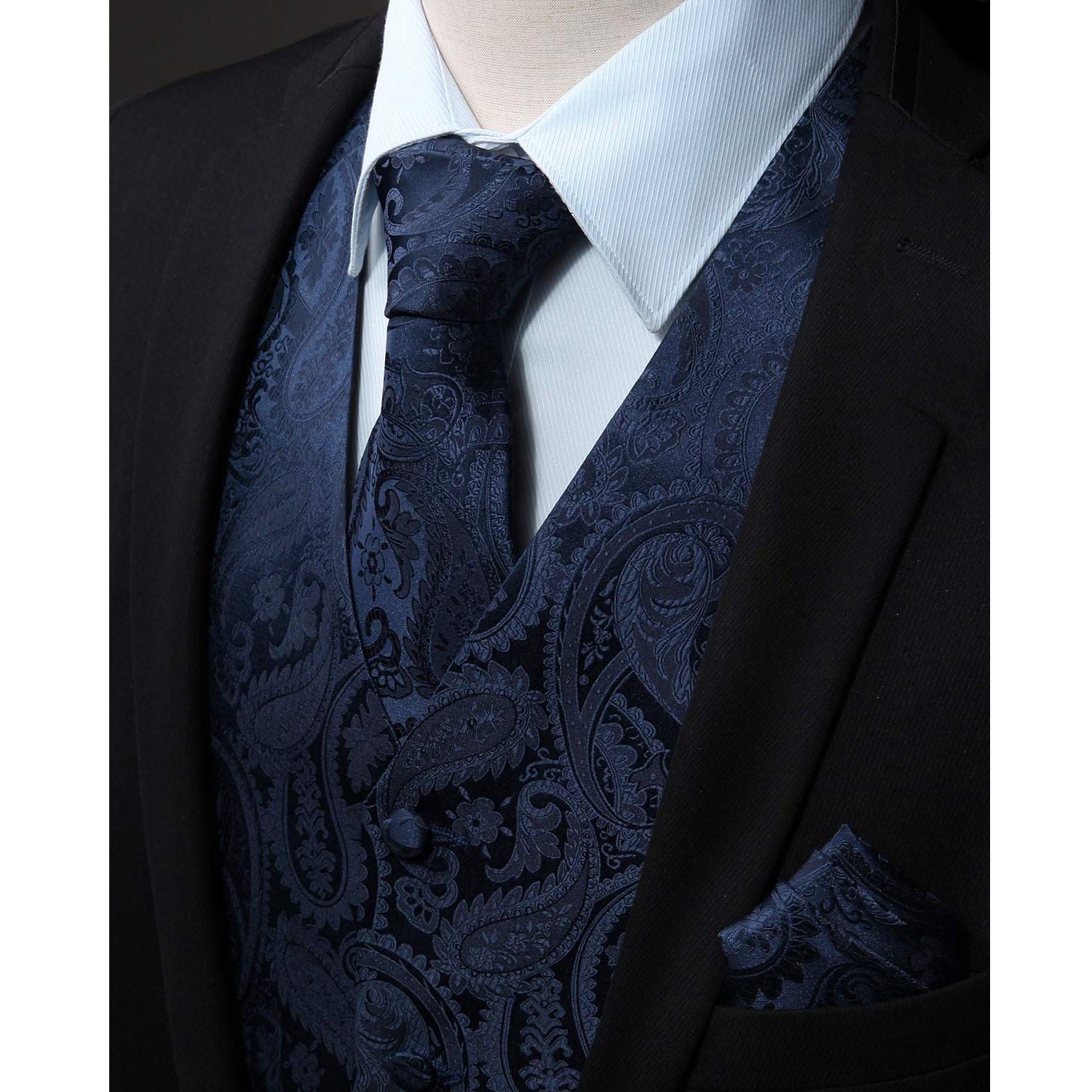 Men's Navy Blue Paisley Vest Tie Set For Weddings Anniversary - Image 3
